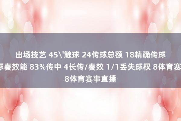 出场技艺 45'触球 24传球总额 18精确传球 15传球奏效能 83%传中 4长传/奏效 1/1丢失球权 8体育赛事直播